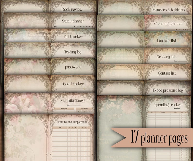 May include: A collection of 17 planner pages with a vintage aesthetic. The pages include sections for book reviews, study planning, bill tracking, reading logs, passwords, and goal tracking. Floral and decorative elements are present.