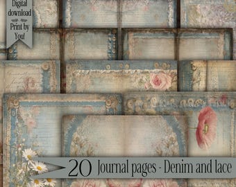 Lace Journal Kit Printable Vintage Junk Journal Pages Digital Ephemera Paper Pack Floral Scrapbook Shabby Chic Download Collage Sheet Denim