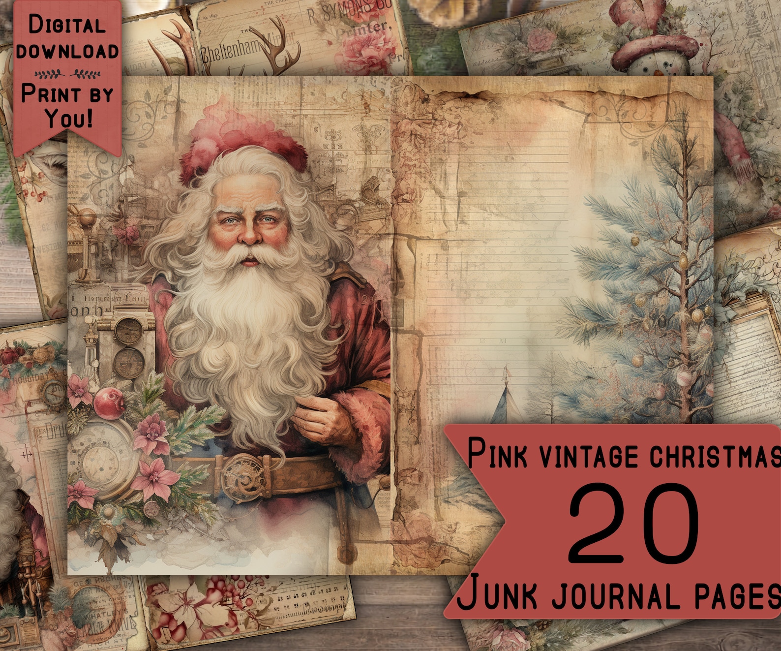 Pink Christmas Junk Journal Pages Digital Scrapbook Paper Kit Collage ...