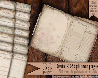 2025 digital planner floral junk journal kit printable journals digital paper vintage junkjournal ephemera Calendar template Personalized