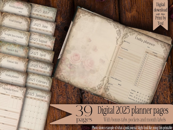 2025 digital planner floral junk journal kit printable journals digital paper vintage junkjournal ephemera Calendar template Personalized