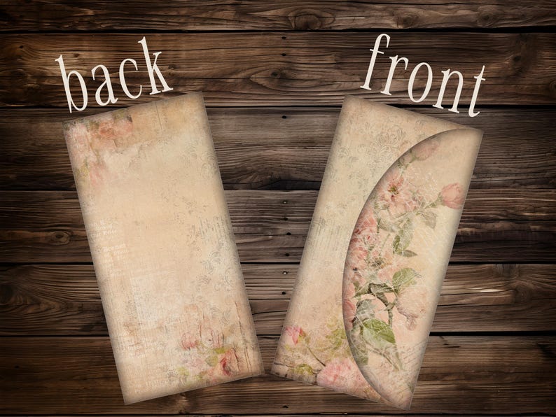 May include: Two vintage-style paper envelopes with a floral design. The front of one envelope features a curved flap adorned with pink roses and green leaves. The back of the other envelope is plain. The word "back" and "front" are written on the image.