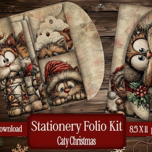 May include: Stationery Folio Kit digital download featuring whimsical cat and owl illustrations with Christmas themes. The kit includes 8.5 x 11 inch png files. The text on the image reads "Caty Christmas".