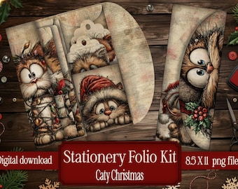 May include: Stationery Folio Kit digital download featuring whimsical cat and owl illustrations with Christmas themes. The kit includes 8.5 x 11 inch png files. The text on the image reads "Caty Christmas".