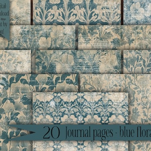 Blue Floral Digital paper Vintage Junk Journals Scrapbooking Ephemera Card Making Printable Grunge Backgrounds Instant Download Prints craft