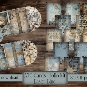 May include: Digital download of ATC cards and folio kit in blue tones. The image shows two folios and several ATC cards with a distressed, vintage aesthetic. The text on the image includes "2 folios", "2093", and "ATC Cards - folio kit Basic - Blue".