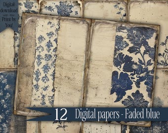 May include: Twelve digital papers featuring a faded blue floral pattern on a white background. The papers have a distressed, vintage look.  "12 Digital papers - Faded blue" is printed on a blue banner.