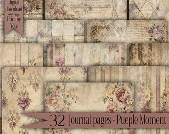 Digital paper pack Shabby Chic junk journal Scrapbook Kit Collage Sheet Vintage Ephemera background Printable Floral Purple Rose Stationery