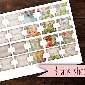 May include: Three sheets of printable tabs with floral designs. Each sheet has 12 tabs with blank spaces for writing. The text "3 tabs sheets" is printed at the bottom of the image.