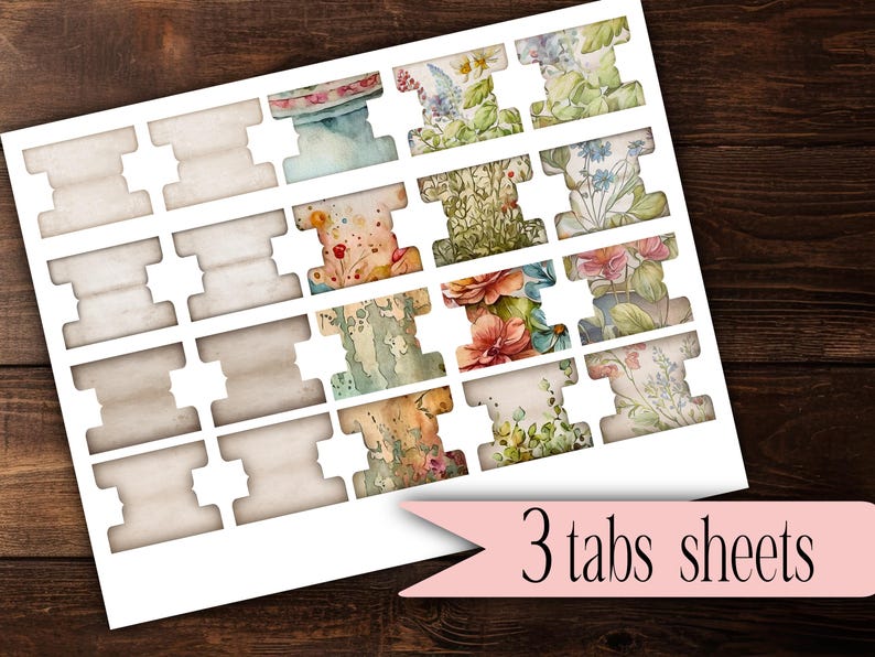 May include: Three sheets of printable tabs with floral designs. Each sheet has 12 tabs with blank spaces for writing. The text "3 tabs sheets" is printed at the bottom of the image.