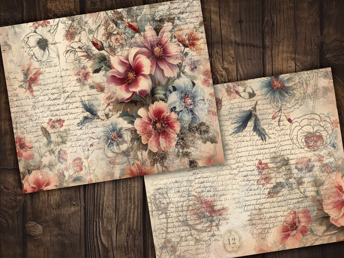 Vintage Digital Paper Pack Shabby Chic Scrapbook Collage Sheets Floral ...