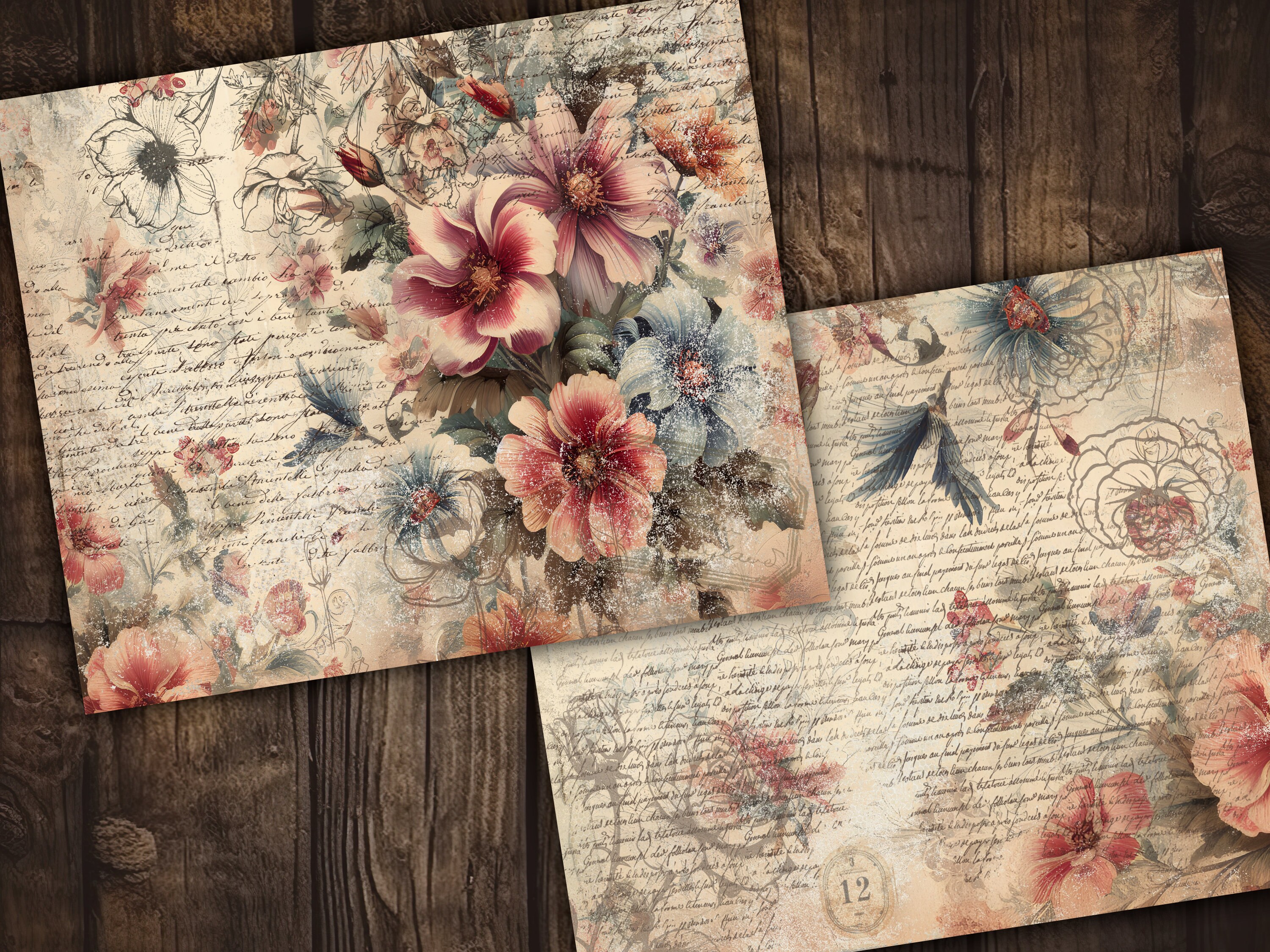 Vintage Digital Paper Pack Shabby Chic Scrapbook Collage Sheets Floral ...