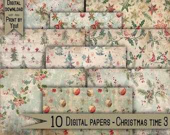 May include: Ten digital papers featuring a variety of Christmas-themed patterns. The patterns include red and green holly, snowflakes, stars, and Christmas trees. The papers are perfect for scrapbooking, card making, and other crafting projects.