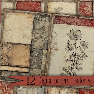 May include: Twelve digital papers in a faded scarlet color scheme. The papers feature a variety of textures and patterns, including floral designs, distressed backgrounds, and vintage-inspired elements.