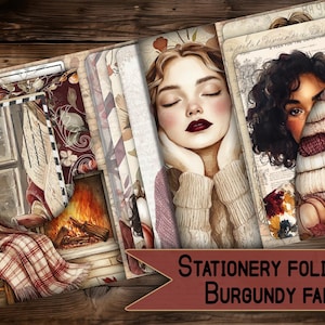 porta biglietti da visita vintage folio stampabile digitale vintage junkjournal cancelleria carta digitale junk journal autunno bordeaux fiori tasca album