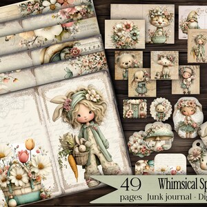 May include: A digital kit featuring a whimsical spring theme. The image showcases a collection of illustrated pages, postcards, and tags with floral and animal designs. The color palette includes soft pastels and vintage textures, with the text "49 Whimsical Spring pages Junk journal - Digital kit".