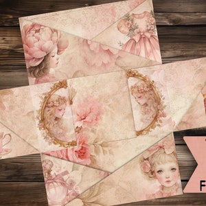vintage folio card holder digital printable vintage junkjournal faded pink paper digital gift junk journal flowers Folio pocket scrapbook