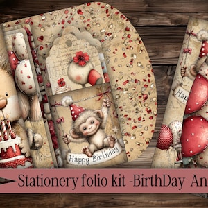 Brevpapper utskrivbart Folio-set Kit sött kort digitalt vintagepapper digital present skräpjournal ficka scrapbooking födelsedag djur etikett kuvert