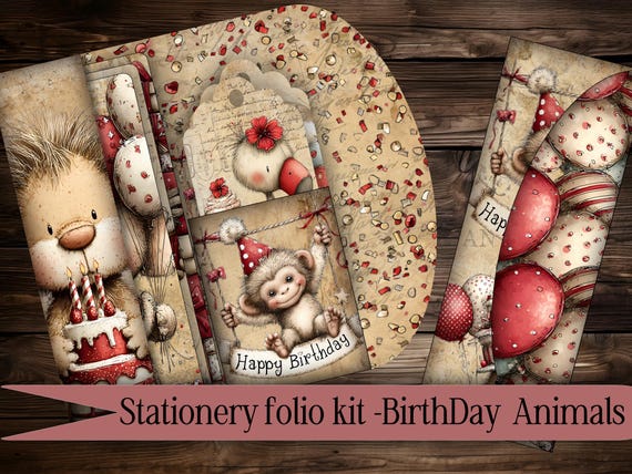 Stationery printable Folio set Kit cute card digital vintage paper digital gift junk journal pocket scrapbook birthday animals Tag Envelope