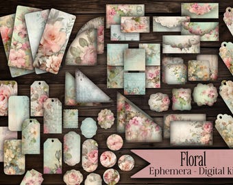 Vintage Floral Ephemera Kit Junk-Journal Kit Druckbare Ephemera Pack Journal Karten Vintage Tags Shabby Chic Umschläge Papiermodell