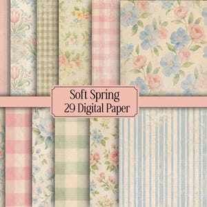 May include: A selection of 29 digital papers with a soft spring theme. The papers showcase diverse patterns, including floral designs with pink and blue flowers, gingham, stripes, and damask, in pastel colours. The text "Soft Spring 29 Digital Paper" is displayed.