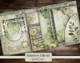 Vintage folio set card digital printable vintage stationery paper digital gift junk journal flowers pocket scrapbook Green Lace Botanical