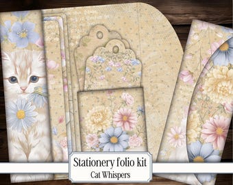 Stationery Folio Kit Vintage Cat Junk Journal Printable card digital paper digital gift pocket scrapbook Tag Envelope Soft Pastel Ephemera