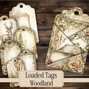 Woodland Loaded Tags Kit digitalt utskrivbart vintage skräpjournal brevpapper digital gåva skräpjournal Folio Forest Ephemera scrapbooking