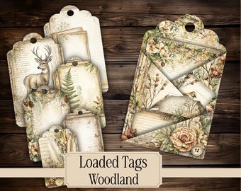 Woodland Loaded Tags Kit digital printable vintage junkjournal stationery paper digital gift junk journal Folio Forest Ephemera scrapbook