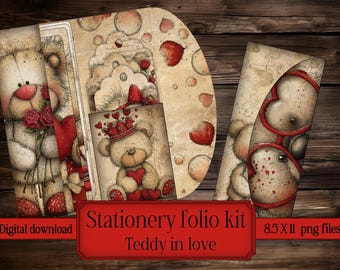 Stationery Folio Kit card Valentine's day digital printable vintage paper digital gift junk journal romantic pocket scrapbook Teddy bear
