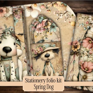 Może przedstawiać: Zestaw papeterii z ilustracjami psów w kwiatowych kapeluszach i strojach. Projekty wykorzystują pastelowe kolory i kwiatowe akcenty. Tekst "Stationery folio kit Spring Dog" jest wyświetlany na dole.