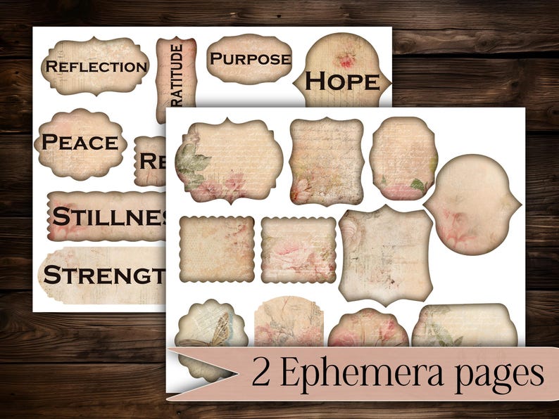 May include: Two pages of ephemera with vintage-style designs. The first page features labels with words like "Reflection" and "Peace." The second page has various shapes with floral and script details. The words "2 Ephemera pages" are at the bottom.
