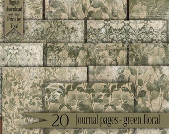 Green Floral Digital paper Vintage Junk Journals Scrapbooking Ephemera Card Making Printable Grunge Backgrounds Instant Download Prints