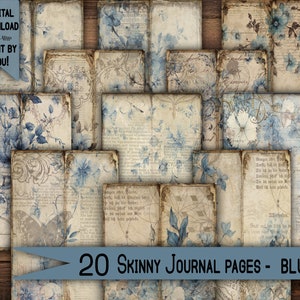 Páginas de diário Skinny Junk para download digital Kit de papel para scrapbook Folha de colagem Vintage Ephemera Imprimível Cartão clássico Diário azul floral