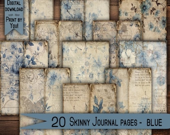 Skinny Junk Journal Pages Digital download Scrapbook Paper Kit Collage Sheet Vintage Ephemera Printable Classic Card Journaling blue floral