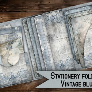 Suporte para cartão fólio vintage, impressão digital, papelaria vintage, diário lixo, diário azul, álbum de recortes de bolso