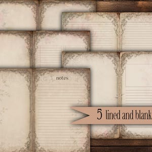 May include: A collection of vintage-style paper pages with floral and ornate border designs. Some pages are lined, others are blank, and some feature floral accents. The text "notes" is visible on one page. The image includes the text "5 lined and blank pages".