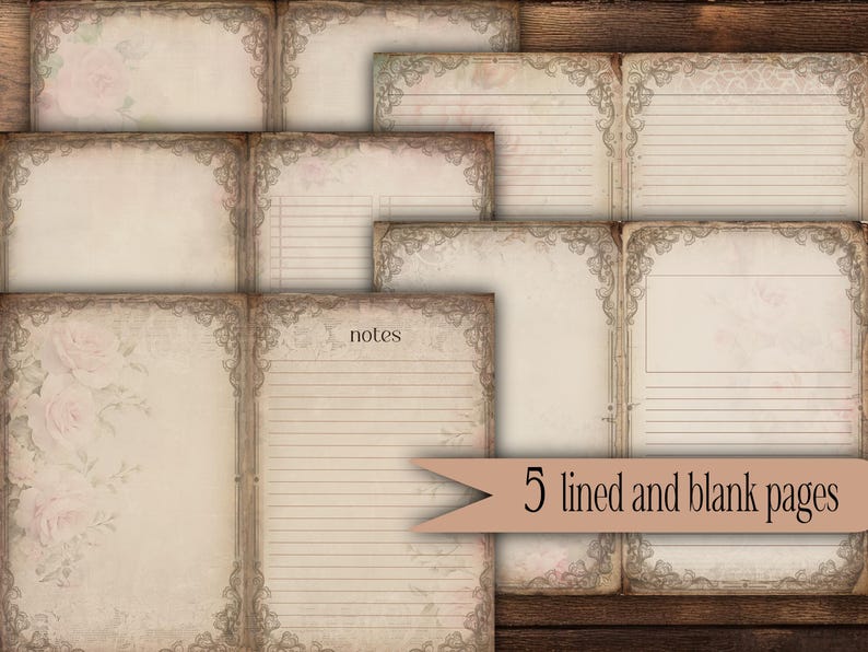 May include: A collection of vintage-style paper pages with floral and ornate border designs. Some pages are lined, others are blank, and some feature floral accents. The text "notes" is visible on one page. The image includes the text "5 lined and blank pages".