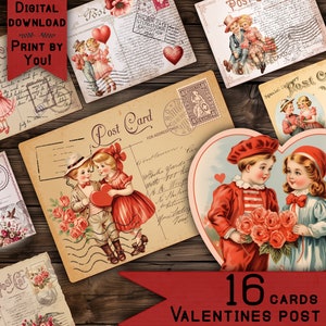 Valentine Postkarte Junk Journal Seiten Digitales Scrapbook Papier Collage Sheet Vintage Ephemera nostalgischer Printable Print Journaling