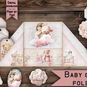 porta-cartões fólio para bebê, fólio digital imprimível, anúncio de chá de menina vintage, papel rosa fofo, presente, diário, kit de cartões, etiquetas, álbum de recortes