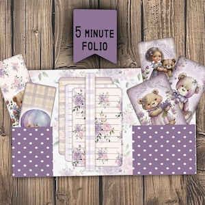 lila Folio Kartenhalter digital bedruckbare Folio Vintage Mädchen niedliche Tiere Papier Geschenk Junk Journal Karten Teddybär