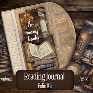 May include: A digital Reading Journal Folio Kit with illustrations of old books, bookshelves, and a library. The words "So many books" are displayed on one of the images. The kit includes 8.5 X 11 png files.