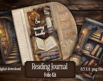 Reading Journal Folio Kit digital Printable Book Tracker stationery Bookmarks digital gift junk journal  pocket Reading Log Vintage Library