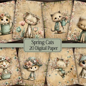 Spring Cat Digital Paper Pack | Cute Kitten Scrapbook Papers | Floral Cat Junk Journal Backgrounds