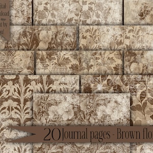 Papel digital floral marrom, diários vintage, scrapbooking, itens efêmeros, criação de cartões, fundo grunge para impressão, download instantâneo, impressões, artesanato