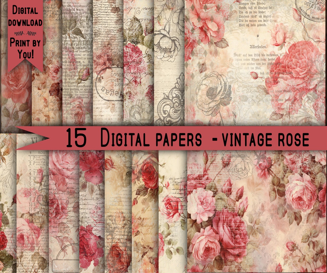 Digital Paper Pack Shabby Chik Junk Journal Rose Scrapbook Kit Collage ...
