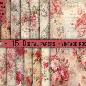 Digital paper pack Shabby chik  junk journal rose Scrapbook Kit Collage Sheet Vintage Ephemera background Printable Prints craft diy Floral