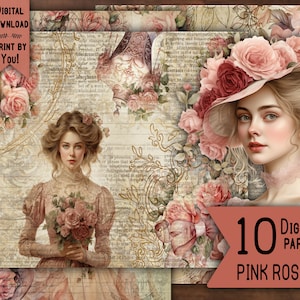 Papéis digitais rosa lixo diário vitoriano senhora papel scrapbook kit folhas de colagem vintage efêmera baixar impressões imprimíveis diário