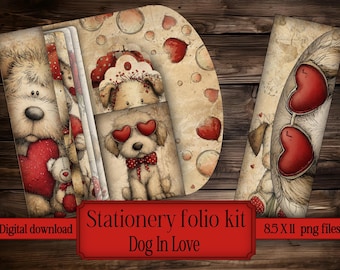 Stationery Folio Kit card valentine day digital printable vintage junkjournal paper digital gift junk journal  romantic pocket scrapbook Dog
