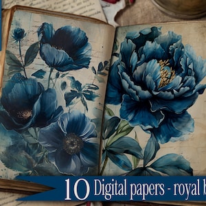 ongewenste dagboekpagina Vintage ambachtelijke papieren verpakking Digitale download Mixed Media Supply junkjournal kit Plakboek Ephemera collageprint blauwe bloemen